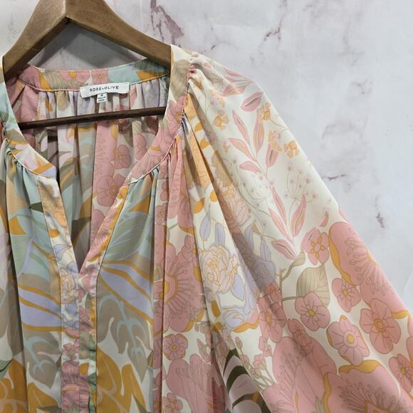 Rose + Olive Shirt Womens 1X Pink Gold Blouse Popover Retro Hippie Flower 70s - Picture 10 of 11